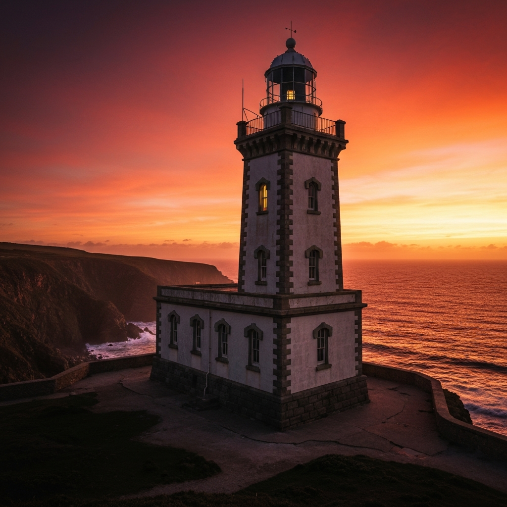 cinematic photo of an old lighthouse at dusk