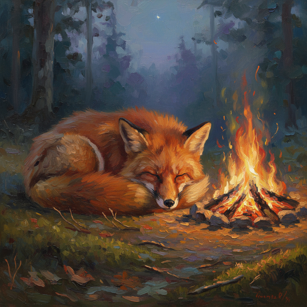 An impressionistic oil painting depicting a sleeping red fox, curled tightly with its bushy tail wrapped around its nose, nestled beside a crackling campfire at twilight. The scene is rendered with thick, visible brushstrokes and a soft, painterly texture, reminiscent of 19th-century French landscapes. Warm, golden-orange light from the flickering embers casts dappled, dancing shadows on the fox's luxurious fur and the surrounding soft-focus woodland floor. The composition is a medium close-up, slightly from a low angle, emphasizing the fox's peaceful solitude. Shallow depth of field blurs the background, drawing full attention to the intimate moment, highlighted by the rich, warm tones of the fire.