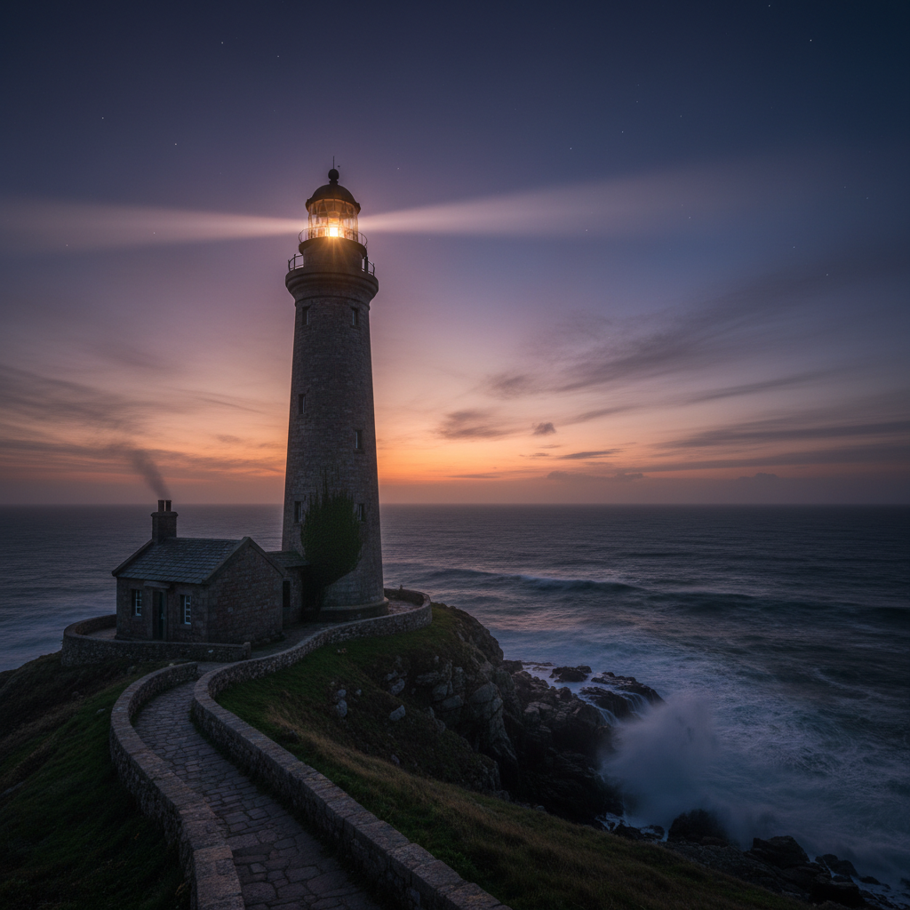 cinematic photo of an old lighthouse at dusk