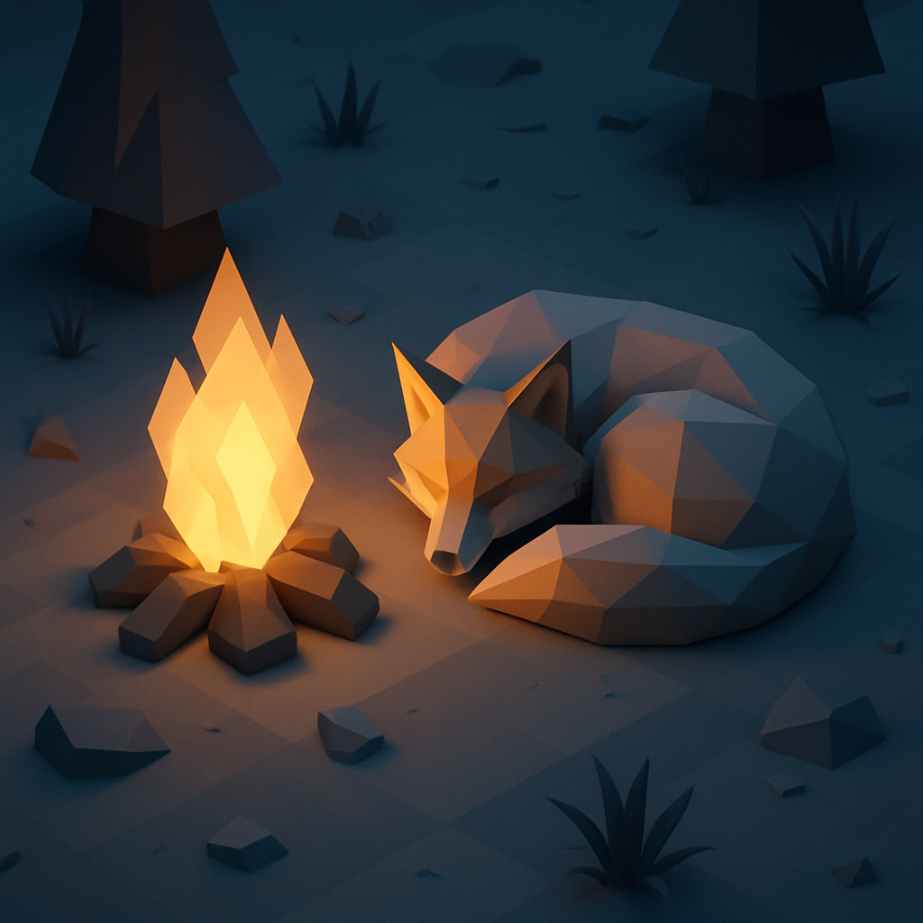 An impressionistic oil painting depicting a sleeping red fox, curled tightly with its bushy tail wrapped around its nose, nestled beside a crackling campfire at twilight. The scene is rendered with thick, visible brushstrokes and a soft, painterly texture, reminiscent of 19th-century French landscapes. Warm, golden-orange light from the flickering embers casts dappled, dancing shadows on the fox's luxurious fur and the surrounding soft-focus woodland floor. The composition is a medium close-up, slightly from a low angle, emphasizing the fox's peaceful solitude. Shallow depth of field blurs the background, drawing full attention to the intimate moment, highlighted by the rich, warm tones of the fire.